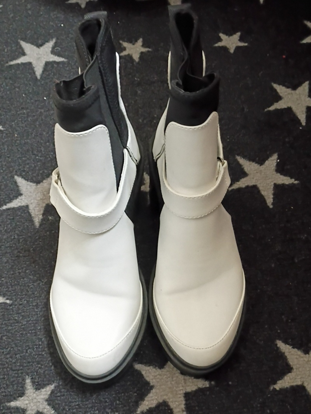 Women's White Slip-On Ankle Boots with Black Sock Collar